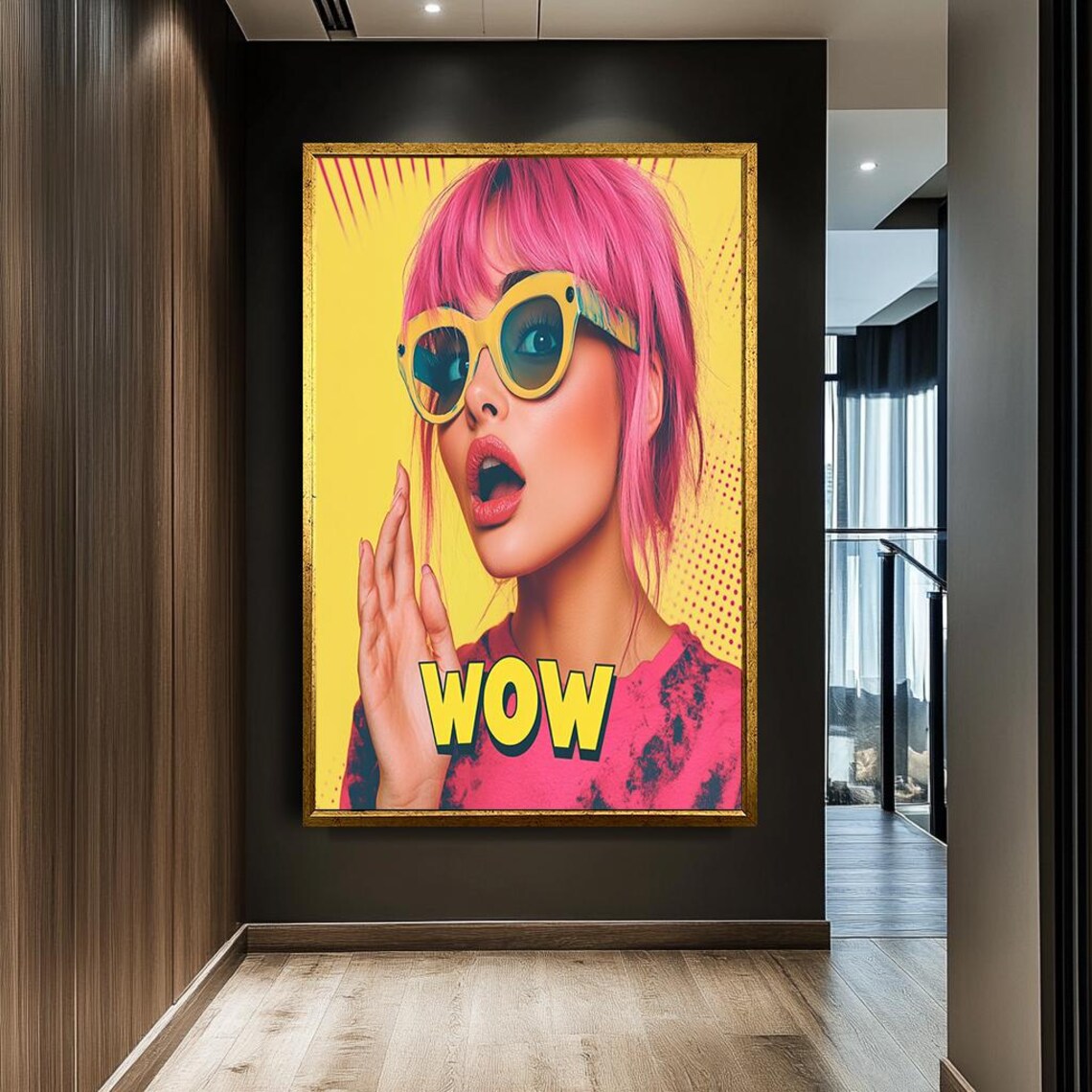 Pop Art WOW Girl Pink Hair Yellow Sunglasses Fun Retro Wall Art - Image 3