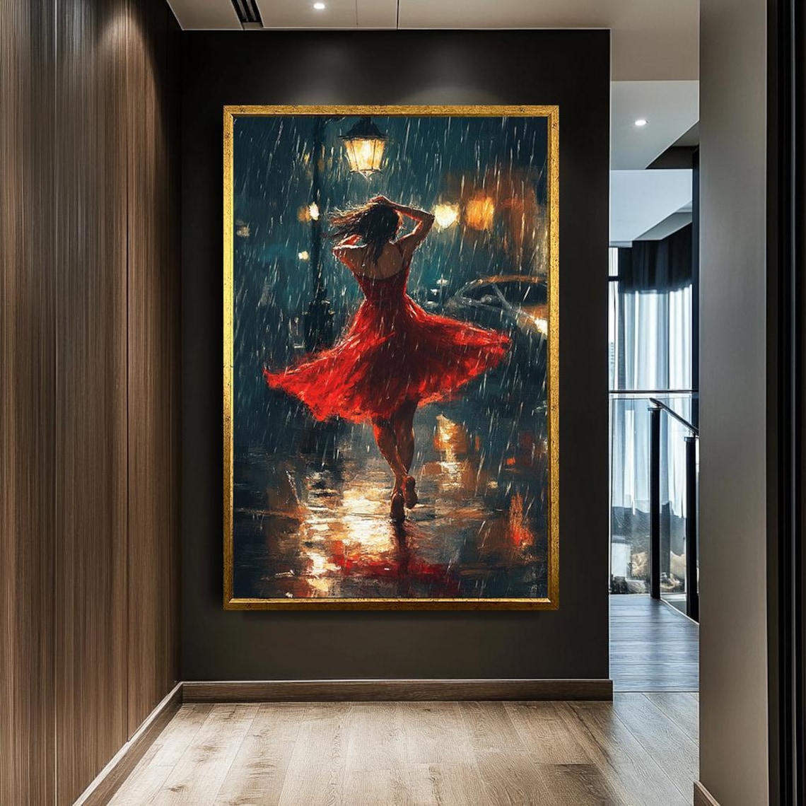 Dancing Woman in Red Dress, Romantic Cityscape Art Print