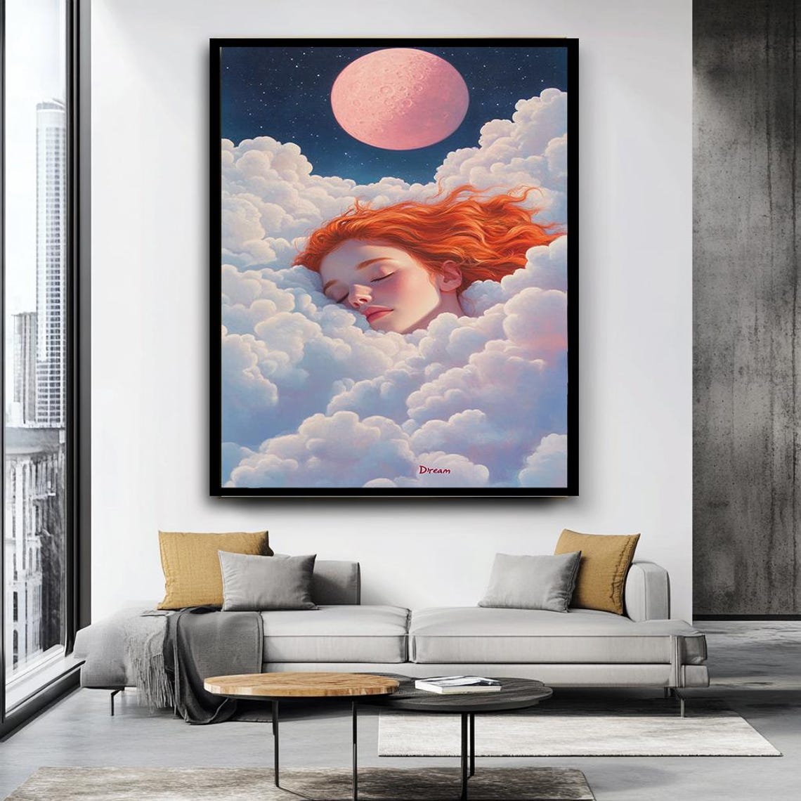 Sleeping Girl In Clouds Pink Moon Dream Surreal Ethereal Wall Art - Image 5