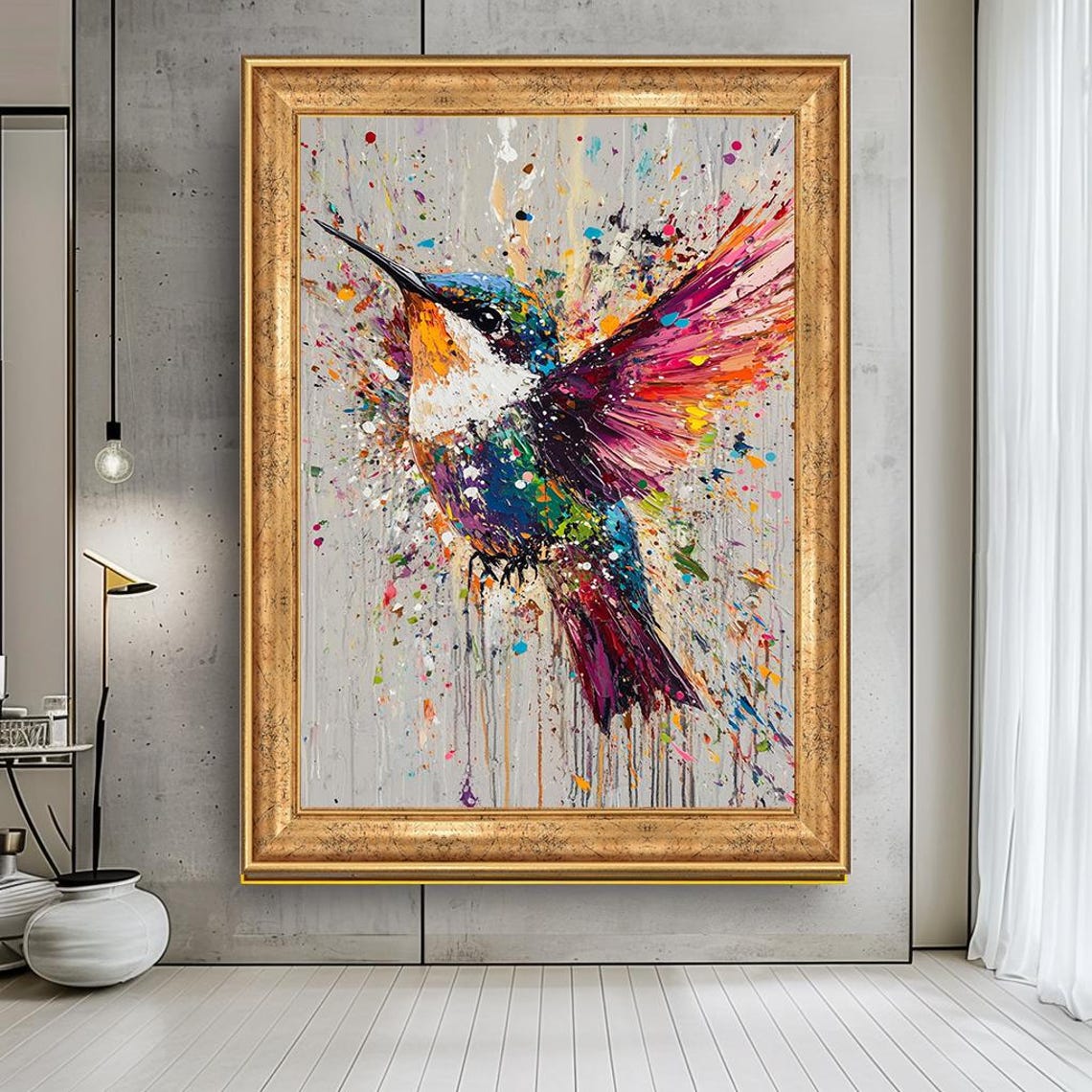 Colorful Hummingbird Splash Paint Splatter Abstract Bird Art Poster