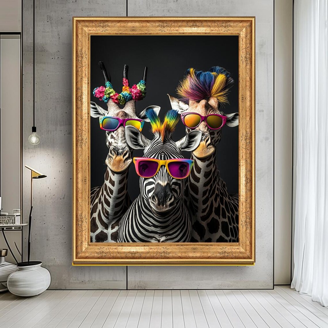 Funky Zebra And Giraffes With Sunglasses, Art Print