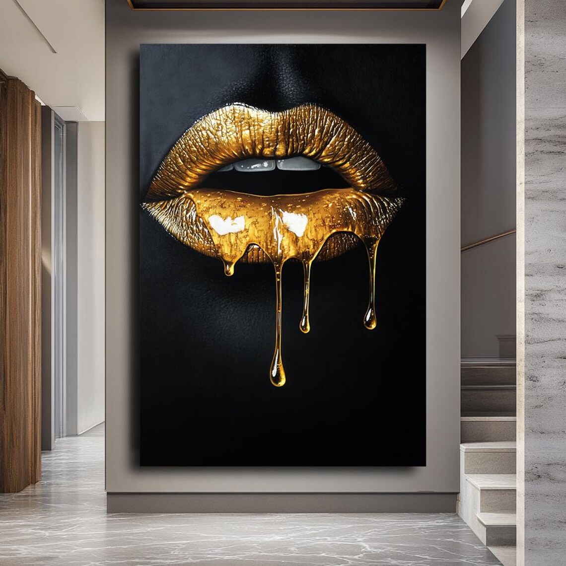 Gold Lips Art Print, Modern Glam Wall Decor