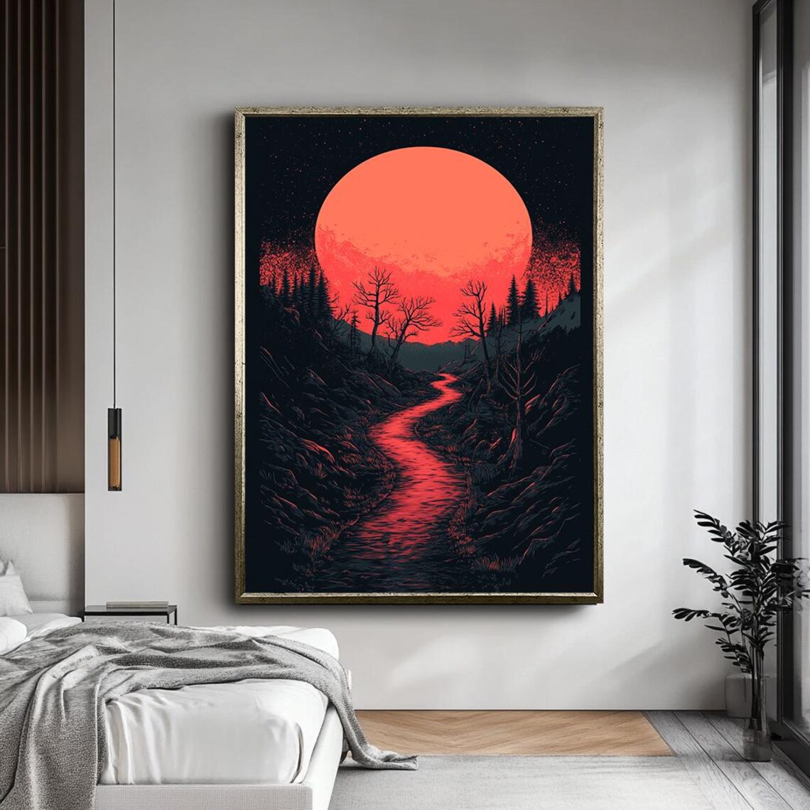 Red Moon River Wall Art Surreal Landscape Print Dark Fantasy Night Scene Mystical Forest Path Artwork Unique Gothic Nature Decor