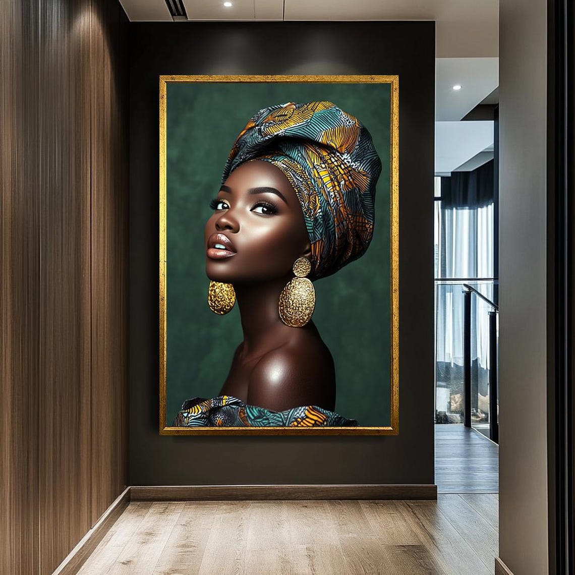 Regal Woman Patterned Headwrap Gold Jewelry Portrait Art Poster