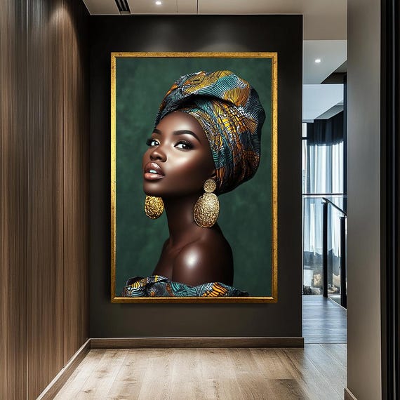 Elegant African Woman With Headwrap Canvas Print Afrocentric Portrait Wall Art Modern Fashion Artwork Bold Beauty Decor