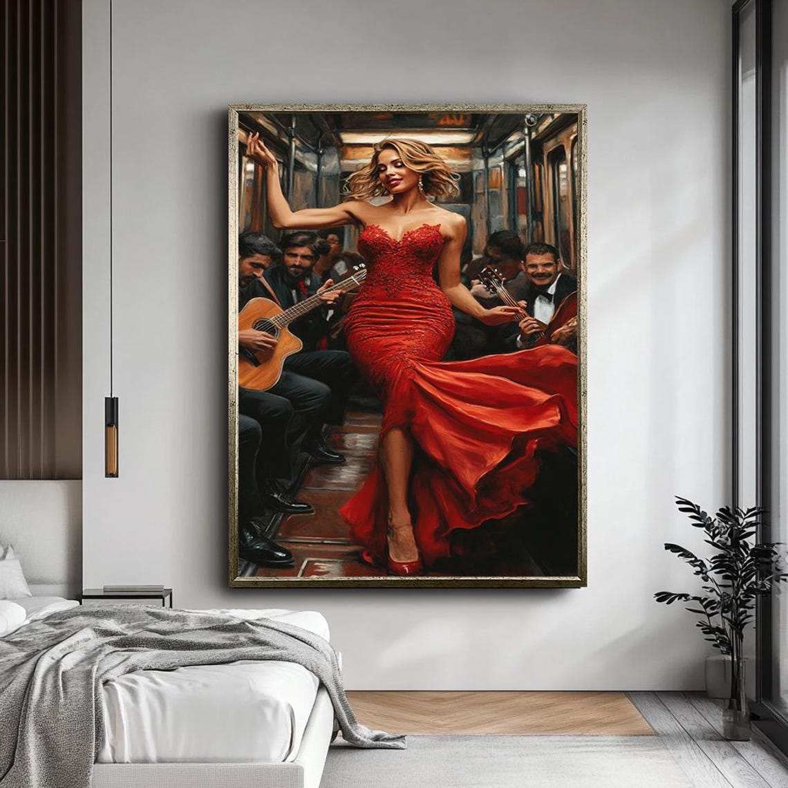 Glamorous Woman In Red Dress Print Elegant Lady In Subway Art Bold And Sexy Wall Art For Living Room Modern Fashion Artwork - Image 3