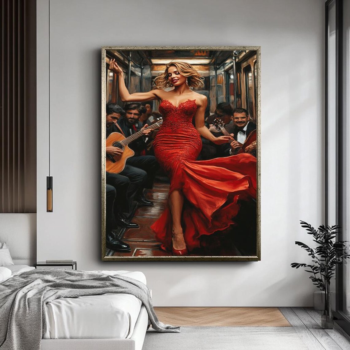 Glamorous Woman Red Dress Subway Musicians Bold Fashion Art Poster - Image 3
