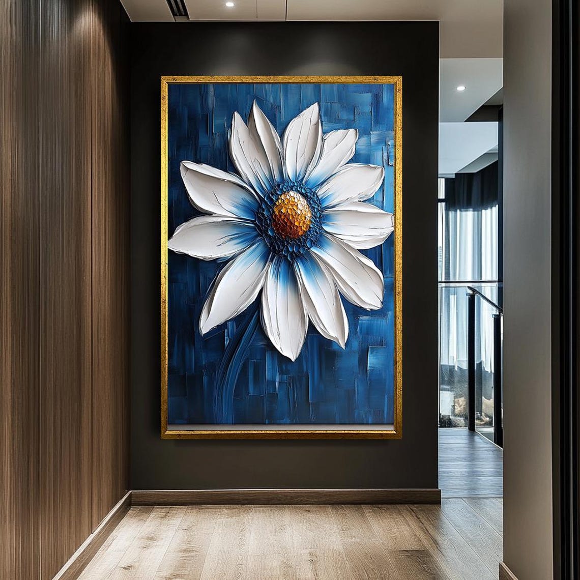 White Daisy Flower Impasto Painting On Deep Blue Botanical Art Poster - Image 3