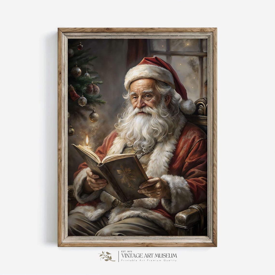 Santa Claus Reading a Book by Candlelight Vintage Christmas Wall Art