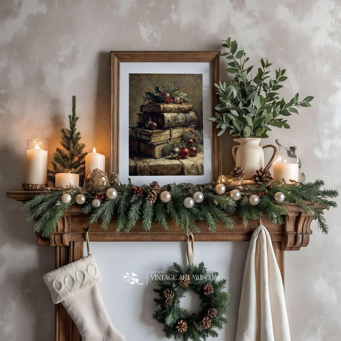 Stack Of Antique Books Christmas Art Print - Image 3