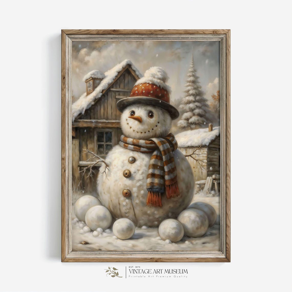 Cute Snowman Winter Scene Print Vintage Christmas Wall Art Holiday Decor Rustic Cottagecore Style 525
