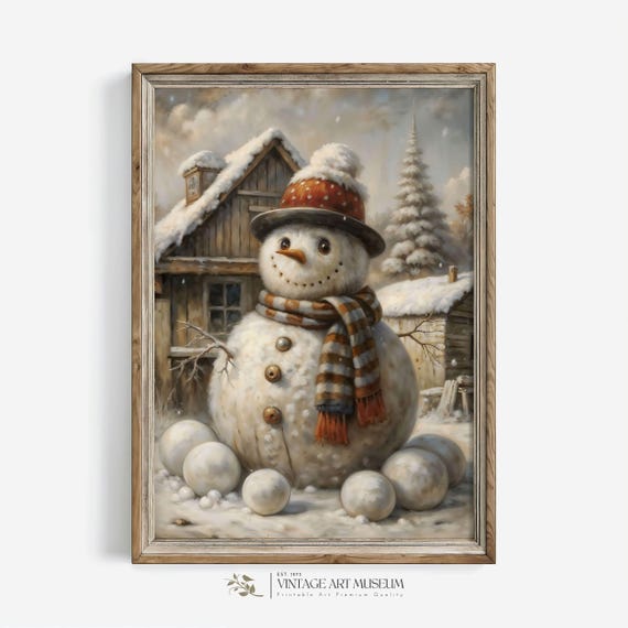 Cute Snowman Winter Scene Print Vintage Christmas Wall Art Holiday Decor Rustic Cottagecore Style 525