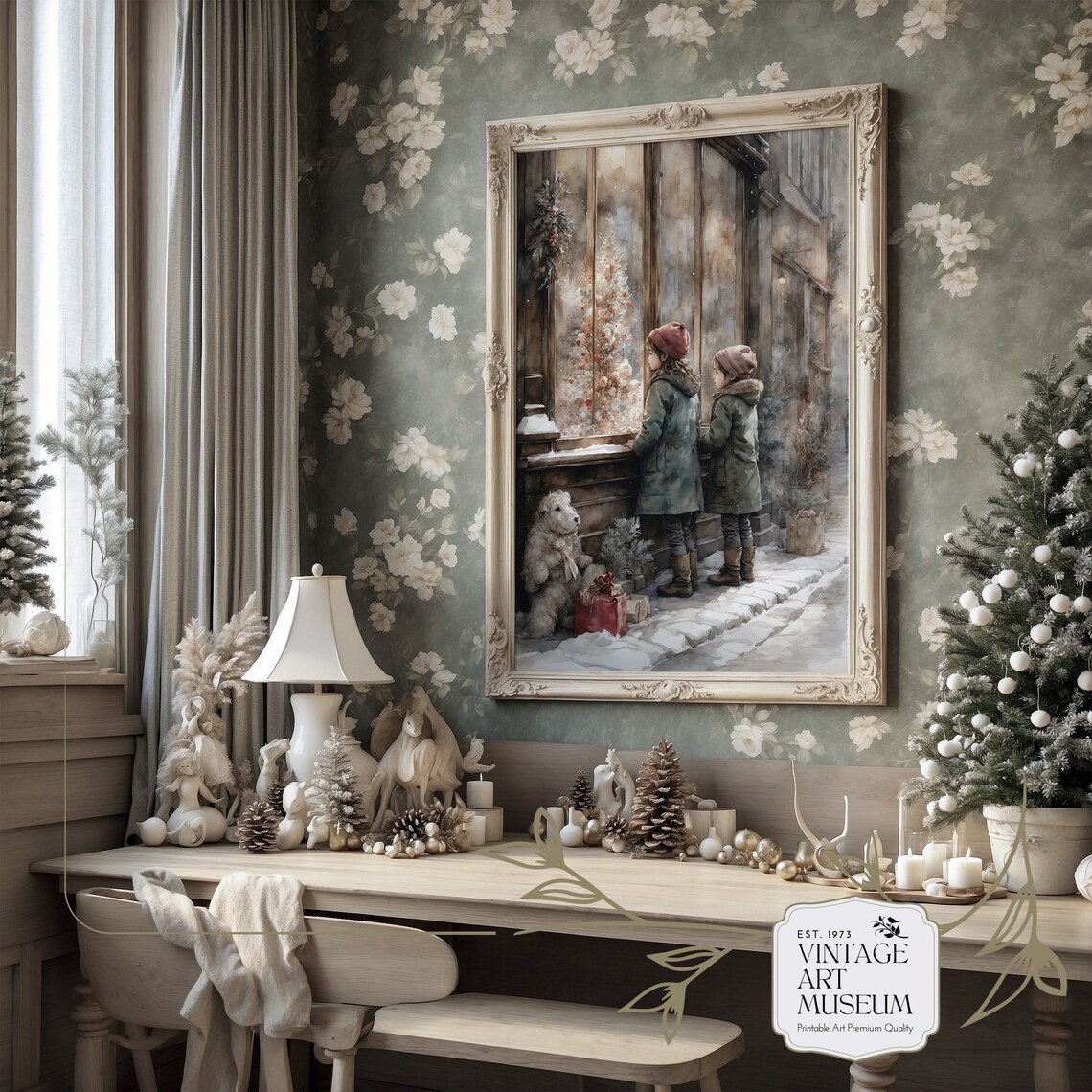 Two Sisters Winter Christmas Window Watercolor Holiday Wall Art - Image 3