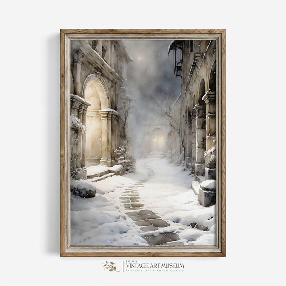 Moonlit Stone Archway Passage in Snow Vintage Watercolor Poster