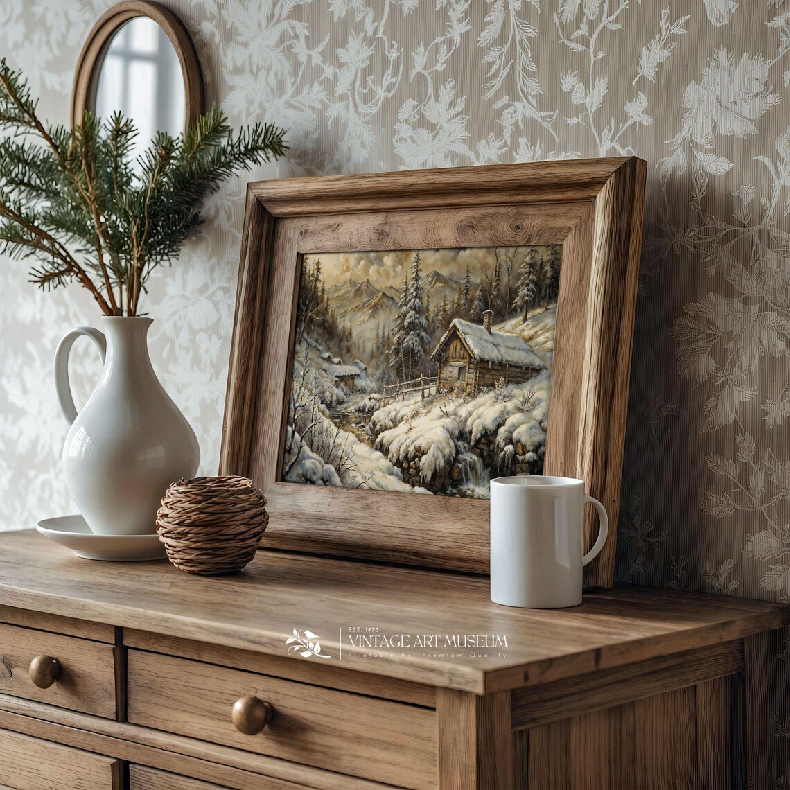 Snowy Mountain Cabin Valley with Stream Vintage Winter Landscape Poster - Image 3