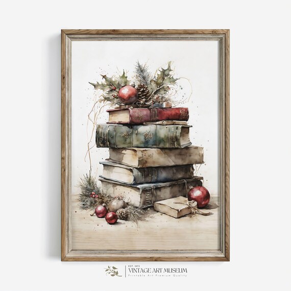 Vintage Christmas Still Life of Books Watercolor Art Print