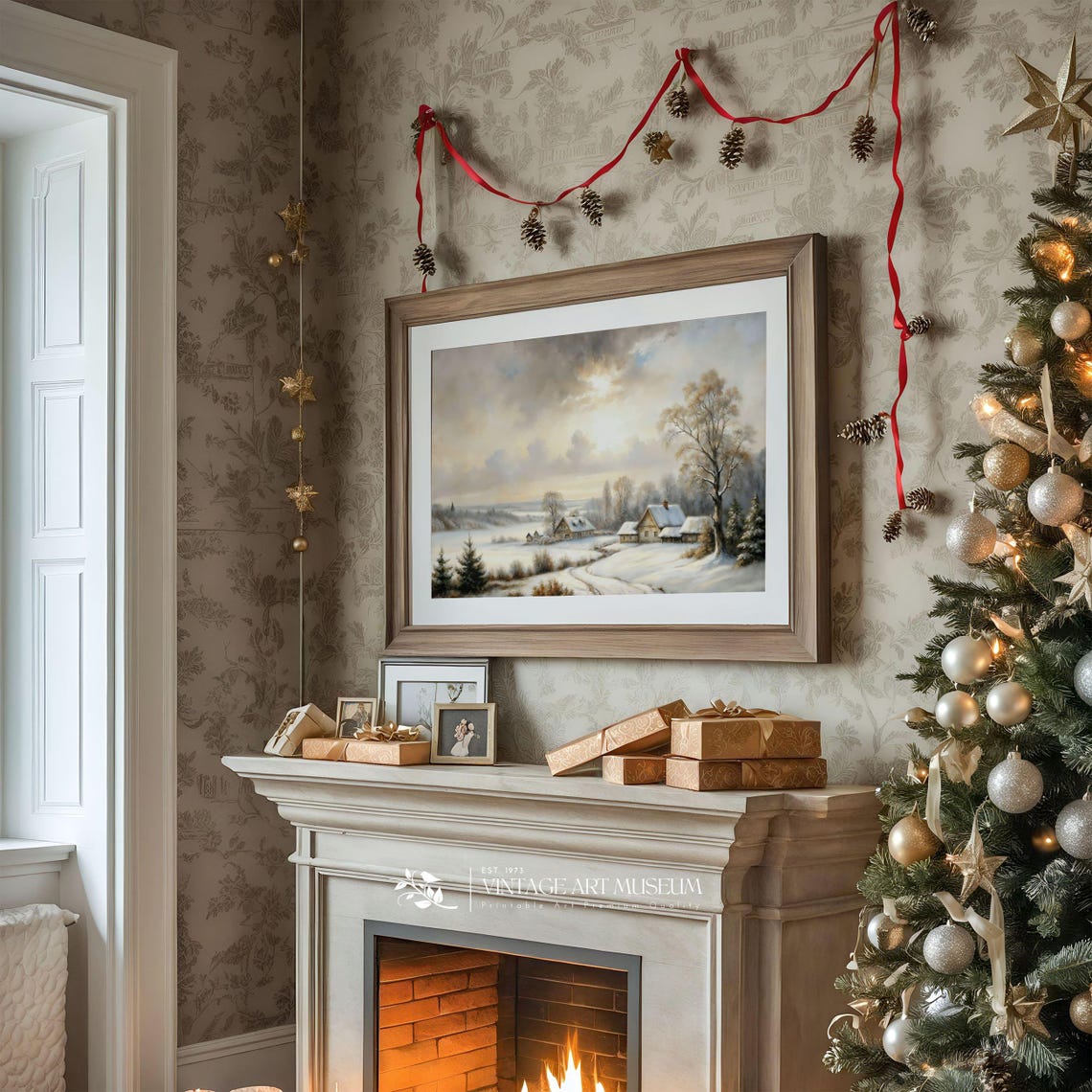 Snowy Countryside with Farm Cottages Sunrise Winter Landscape Wall Art - Image 2