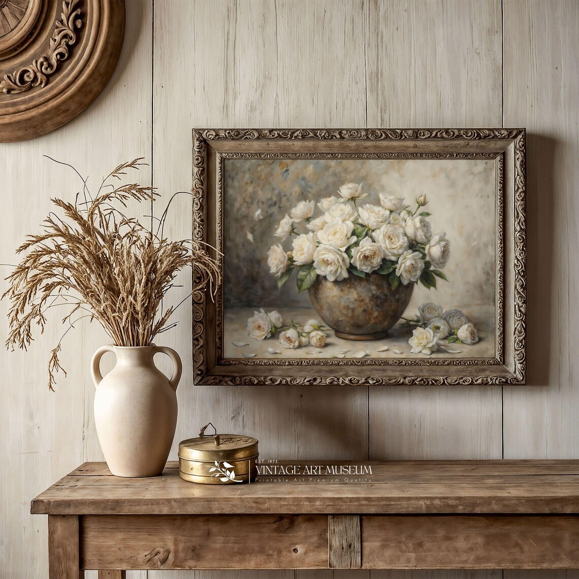White Roses Vintage Moody Still Life Art Print - Image 2
