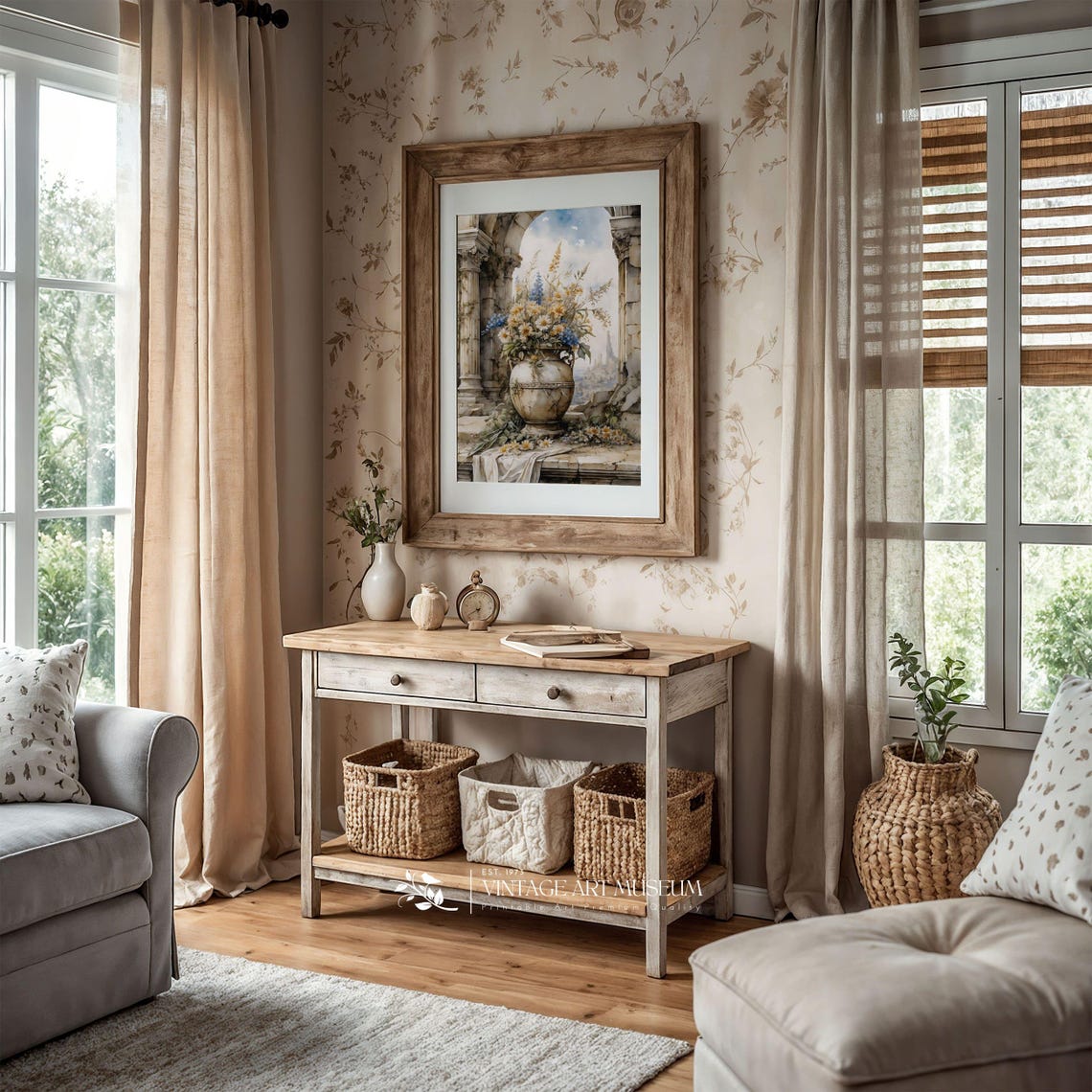 Ancient Stone Vase with Wildflowers Watercolor Classical Wall Art - Image 2