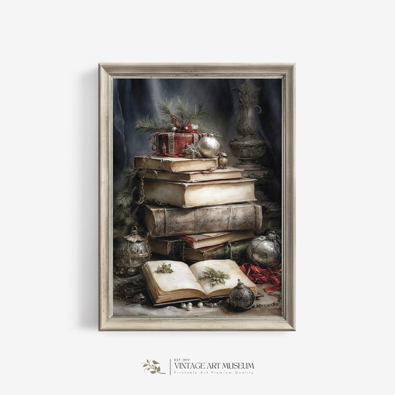 Rustic Christmas Book Still Life, Vintage Cottagecore Decor