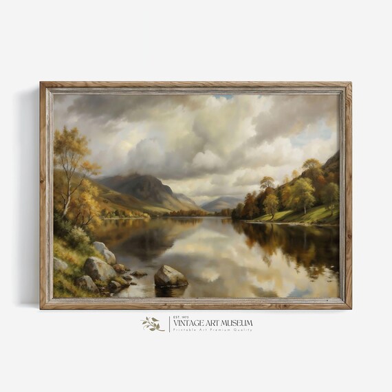 Moody Mountain Lake Landscape Dramatic Clouds Vintage Nature Poster