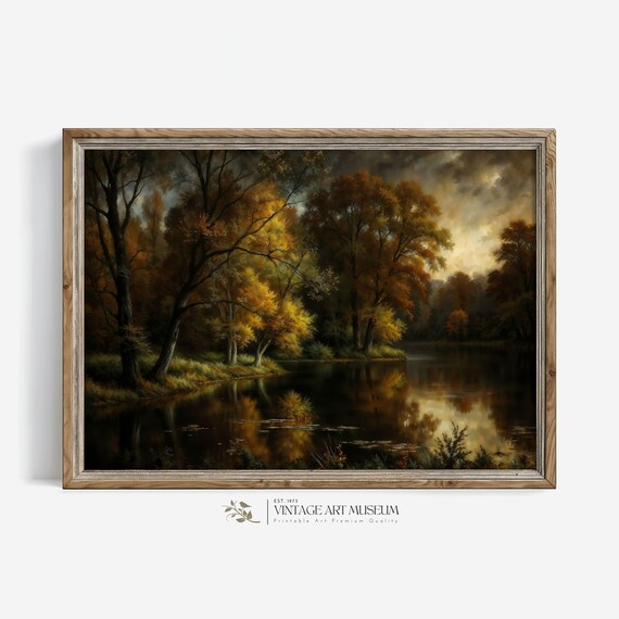 Dark Autumn River Moody Fall Forest Landscape Oil Painting Wall Art