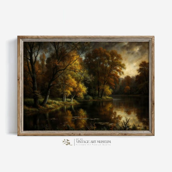 Dark Fall River Landscape Autumn Wall Art Print Moody Vintage Style Painting Cozy Dark Cottagecore Rustic Seasonal Decor 15