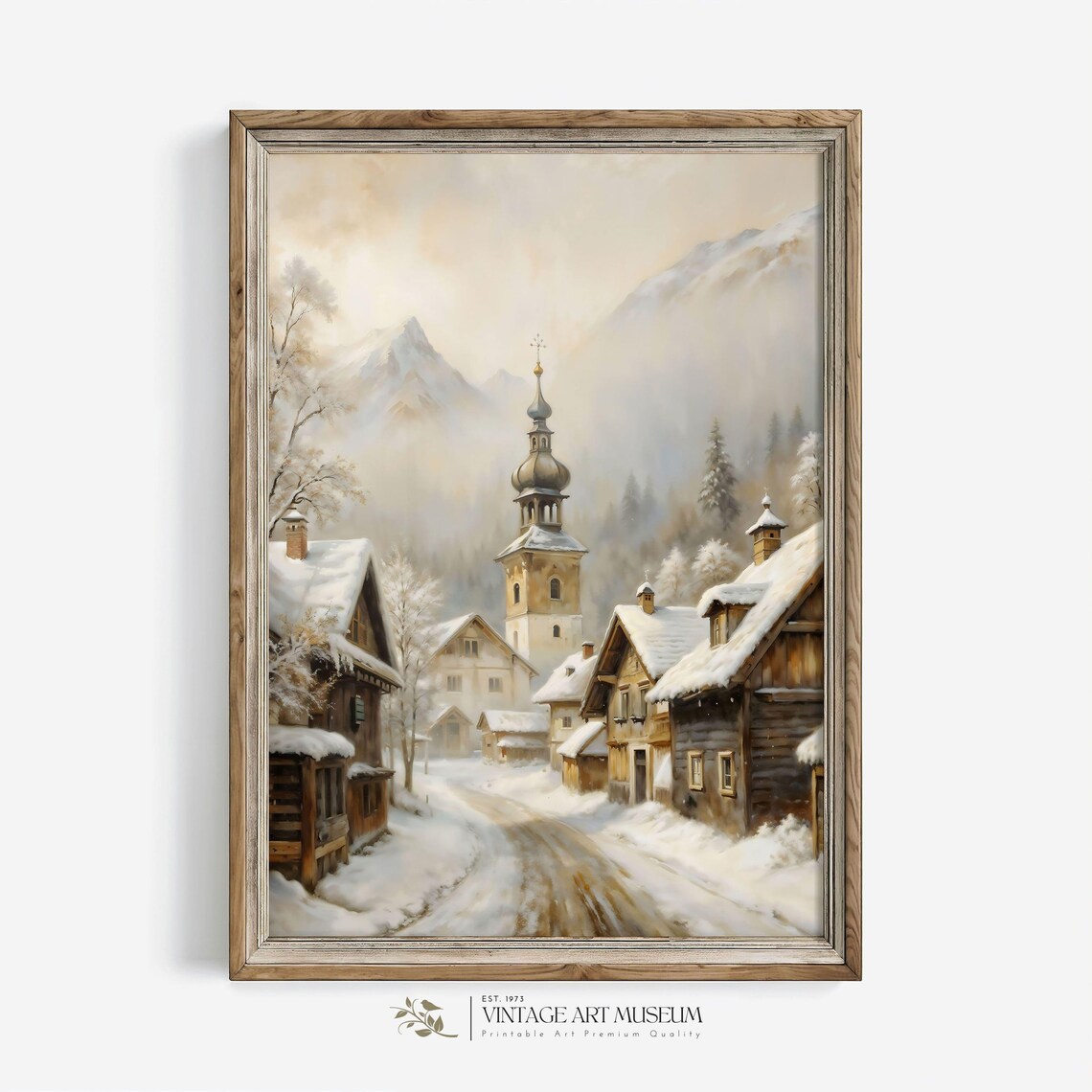 Alpine Village Church Tower in Misty Snowy Mountains Vintage Poster