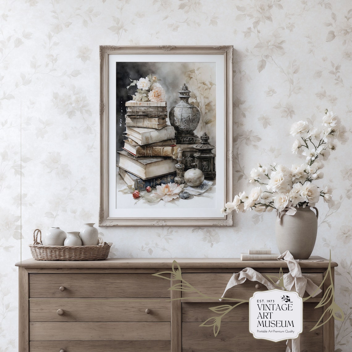 Antique Book Stack Still Life Silver Vase Flowers Library Decor Poster - Image 3