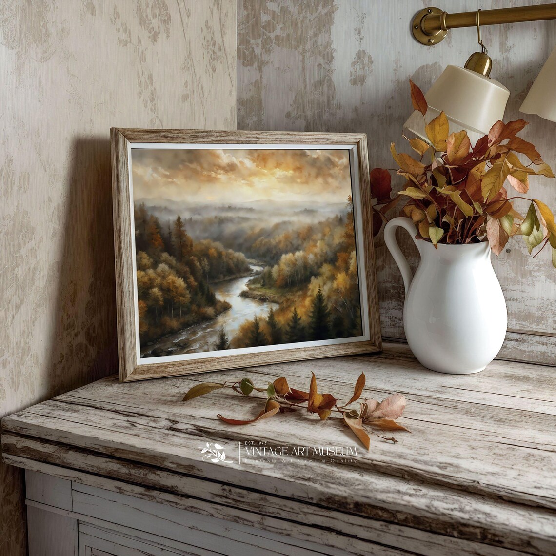 Misty Autumn River Valley Sunrise Golden Forest Vintage Landscape Poster - Image 3