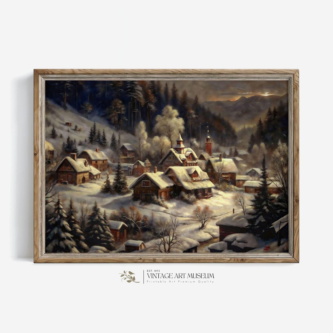 Mountain Village at Dusk With Chalets and Evergreens in Snow Poster