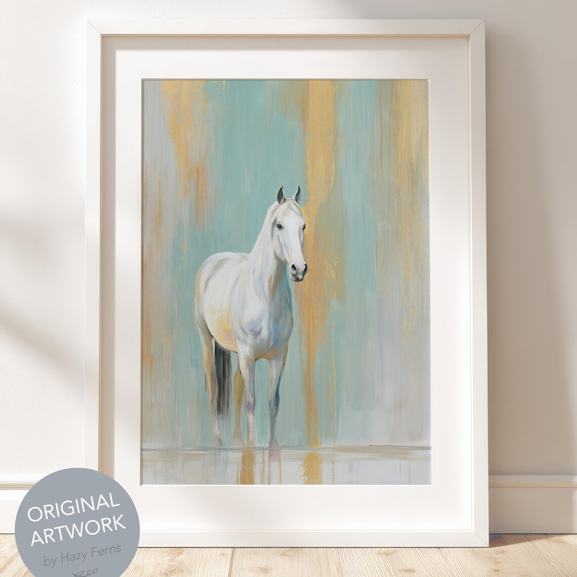 Pastel White Horse Oil Art Print Modern Minimalist Blue Gold Wall Decor