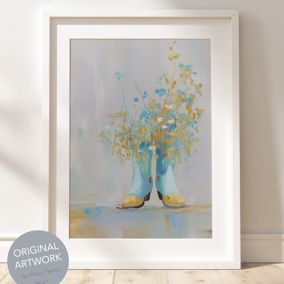Turquoise Cowboy Boots Overflowing with Wildflowers Western Floral Poster