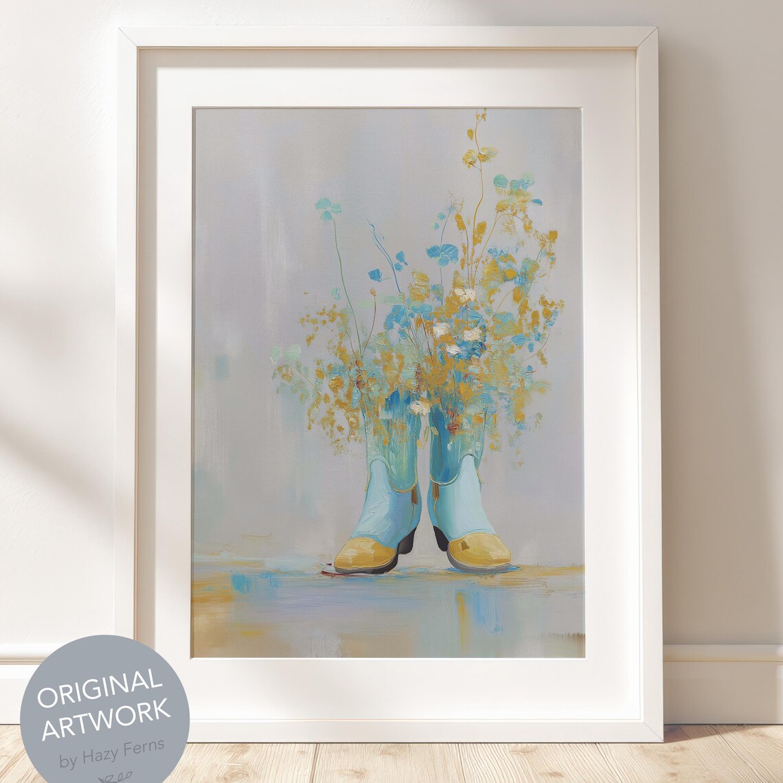Turquoise Cowboy Boots Overflowing with Wildflowers Western Floral Poster