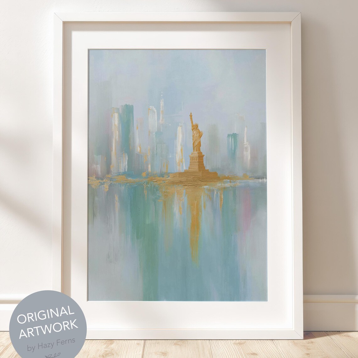Statue of Liberty Gold Skyline Watercolor NYC Harbor Reflection Poster