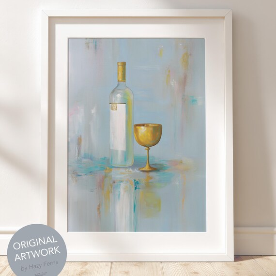 Wine And Goblet Oil Art Print Blue Gold Pastel Minimalist Painting
