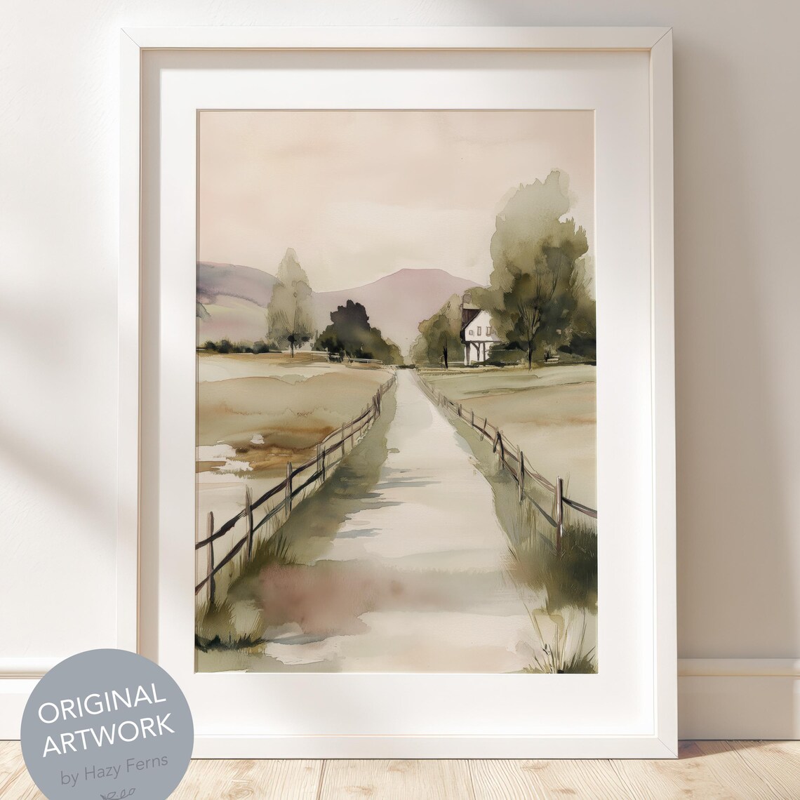 Rustic Farmhouse Landscape Watercolor Poster Country Road Fence Scenic Art
