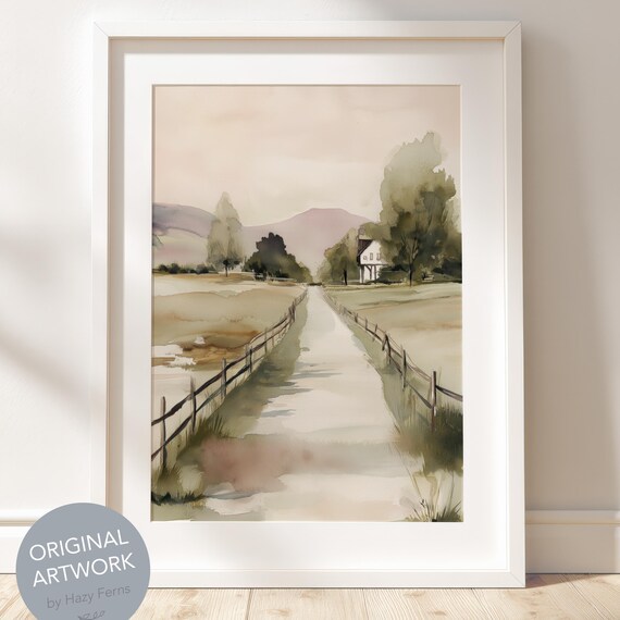 Rustic Farmhouse Landscape Watercolor Poster Country Road Fence Scenic Art