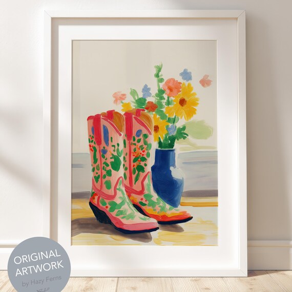Pastel Cowboy Boots Gouache Art Print Boho Western Decor