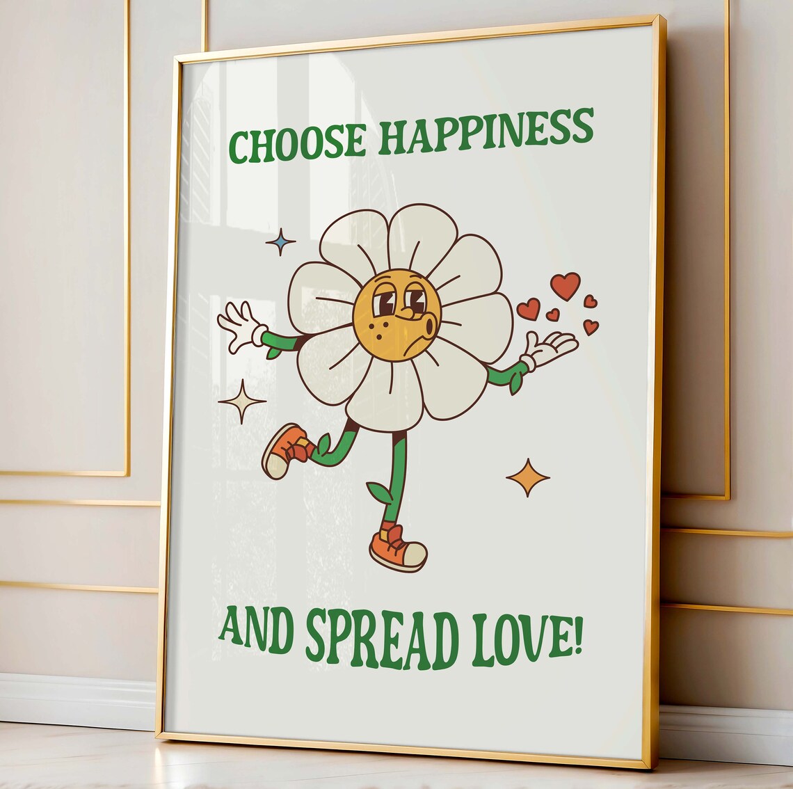 Choose Happiness and Spread Love Retro Daisy Mascot Wall Art in Groovy Style