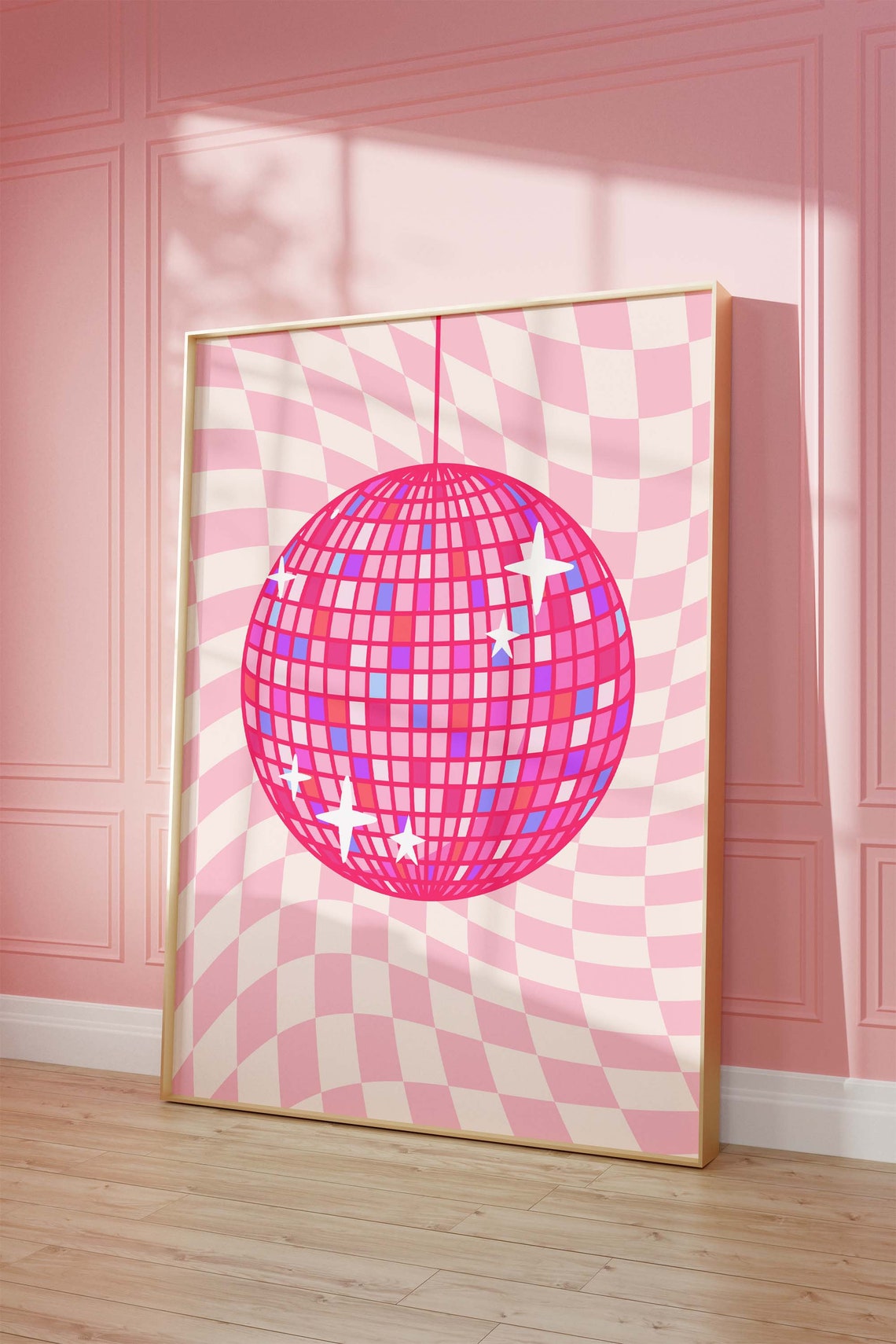 Pink Disco Ball Retro Checkerboard Funky Trendy Dorm Wall Art