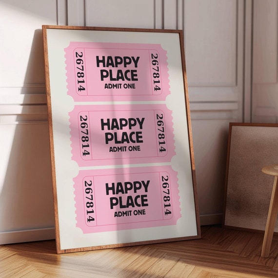 Happy Place Retro Ticket Print Pink Aesthetic Wall Art Trendy Home Decor Cute Wall Decor Dorm Room Decor Preppy Wall Art Art