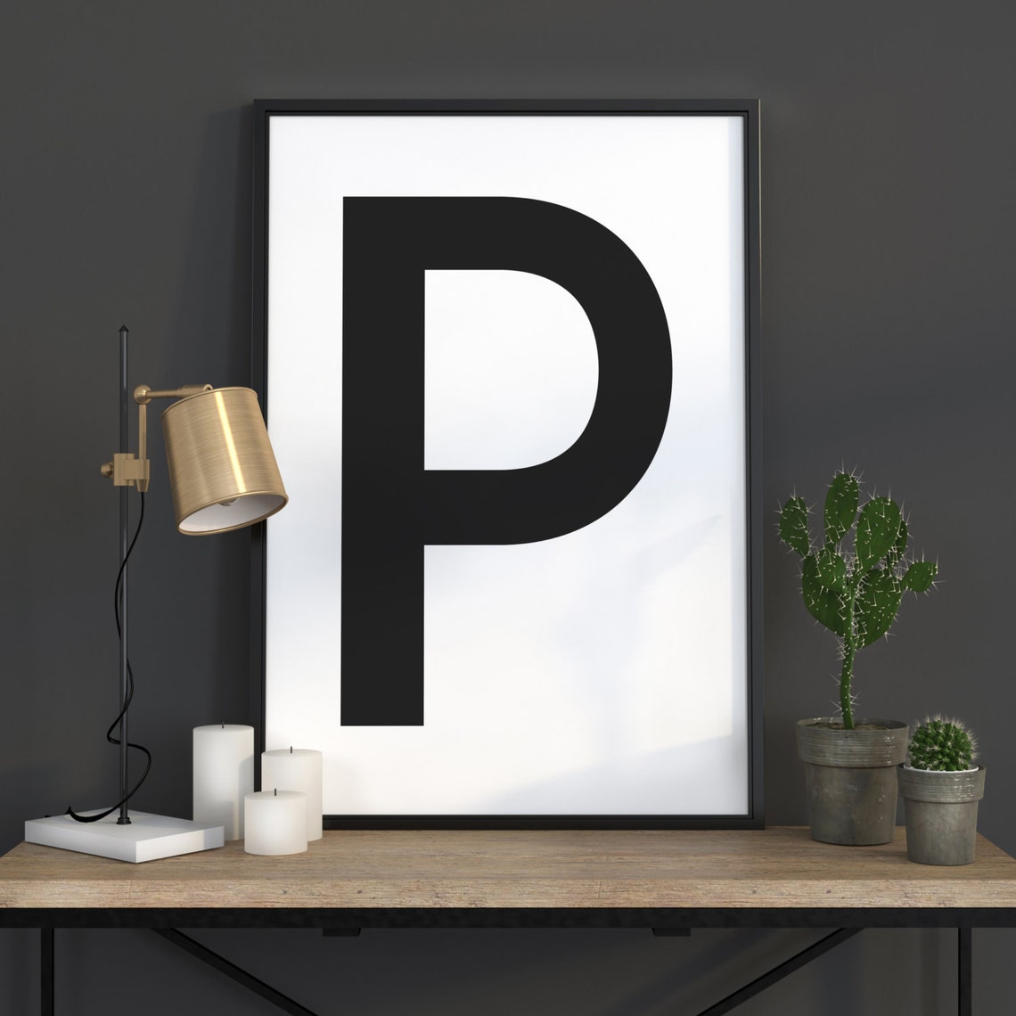 Black Letter P Initial Scandinavian Typography Minimalist Poster