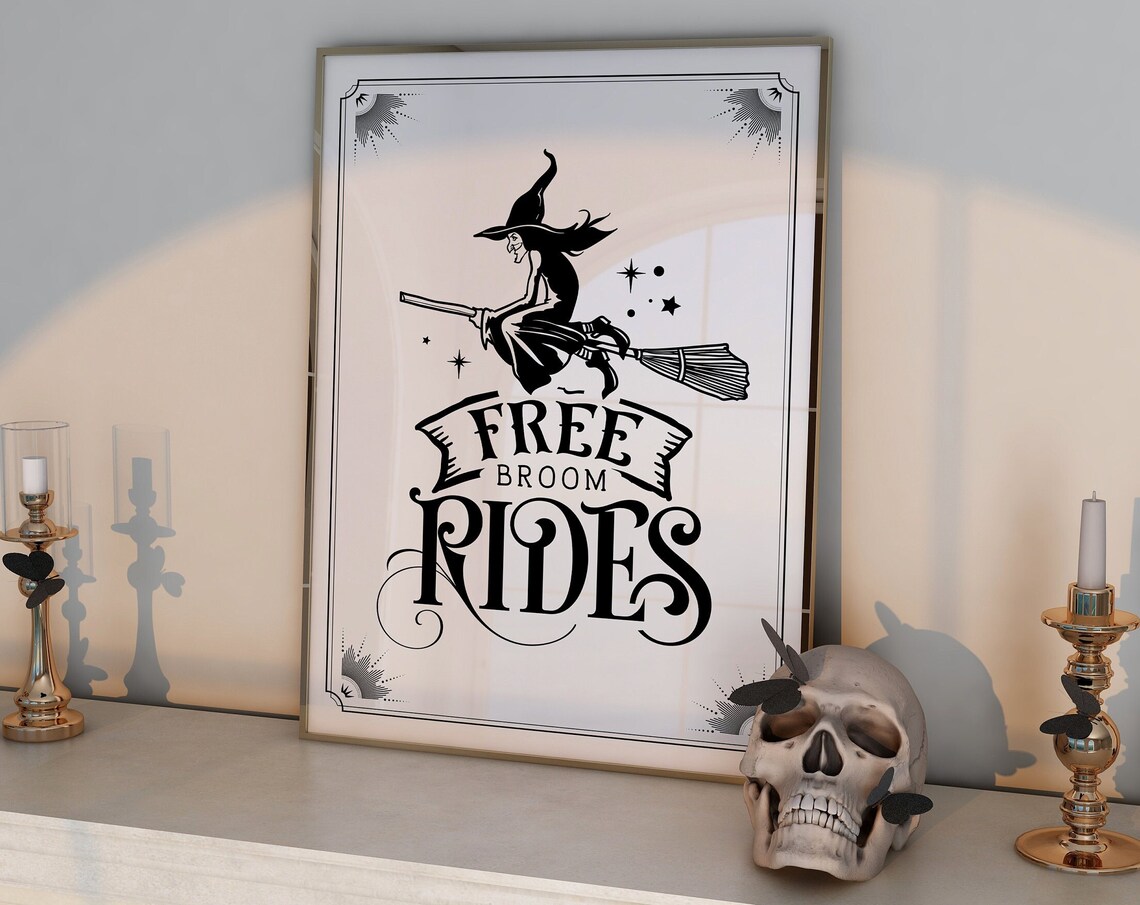 Free Broom Rides Witch Flying Broomstick Halloween Typography Poster