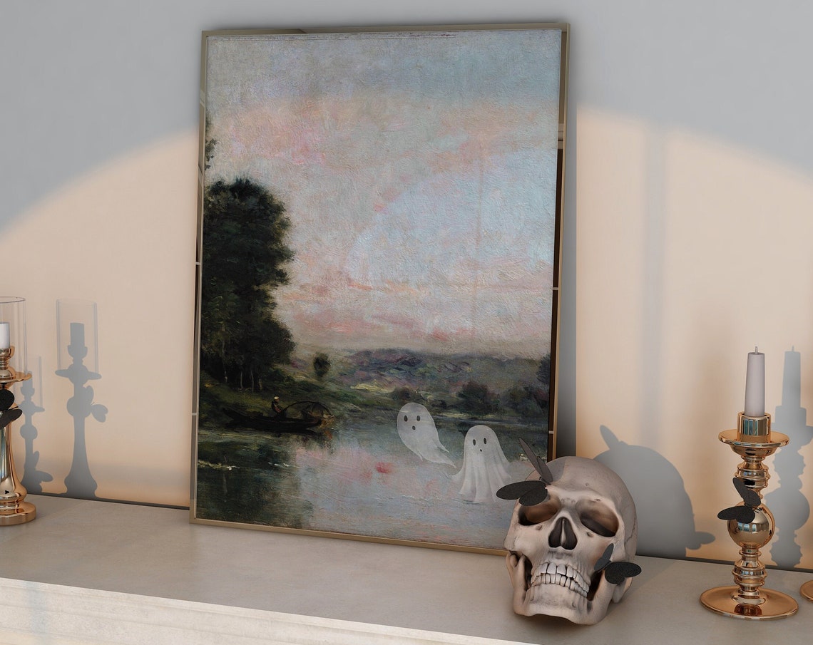 Altered Vintage Landscape Painting Cute Ghosts Added Art Poster