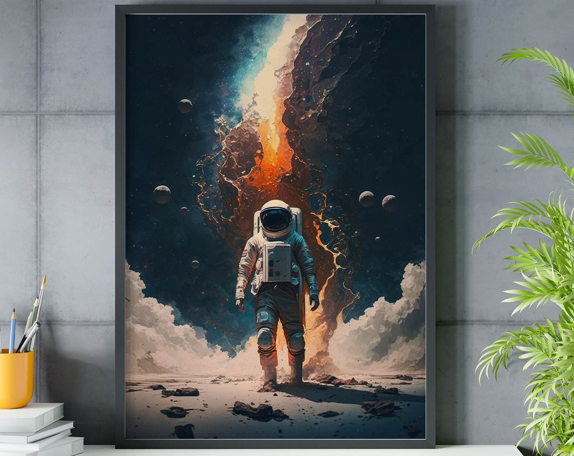 Astronaut On Alien Planet Surface Poster Fiery Nebula Space Landscape