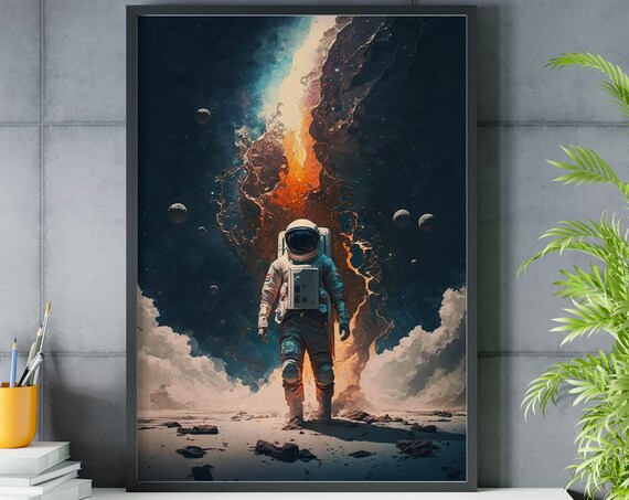 Astronaut On Alien Planet Surface Poster Fiery Nebula Space Landscape