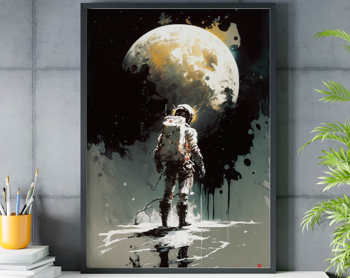 Astronaut Facing Giant Moon Poster Dark Ink Wash Reflective Floor Art