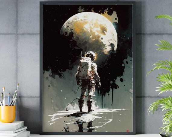 Astronaut Facing Giant Moon Poster Dark Ink Wash Reflective Floor Art
