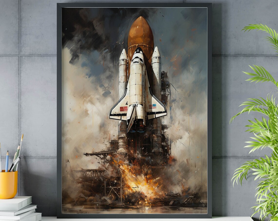 Space Shuttle Liftoff Painting Orange Tank Fiery Rocket Art Poster